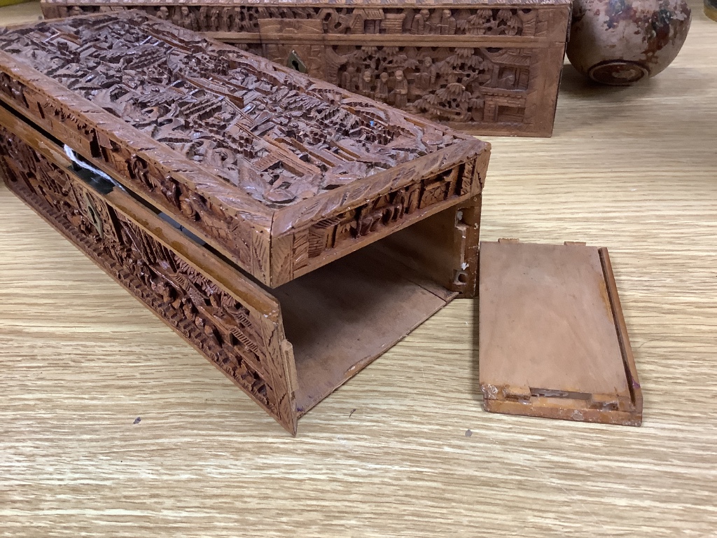 Three 19th century Chinese carved sandalwood boxes, 19th/20th century, longest 30cm